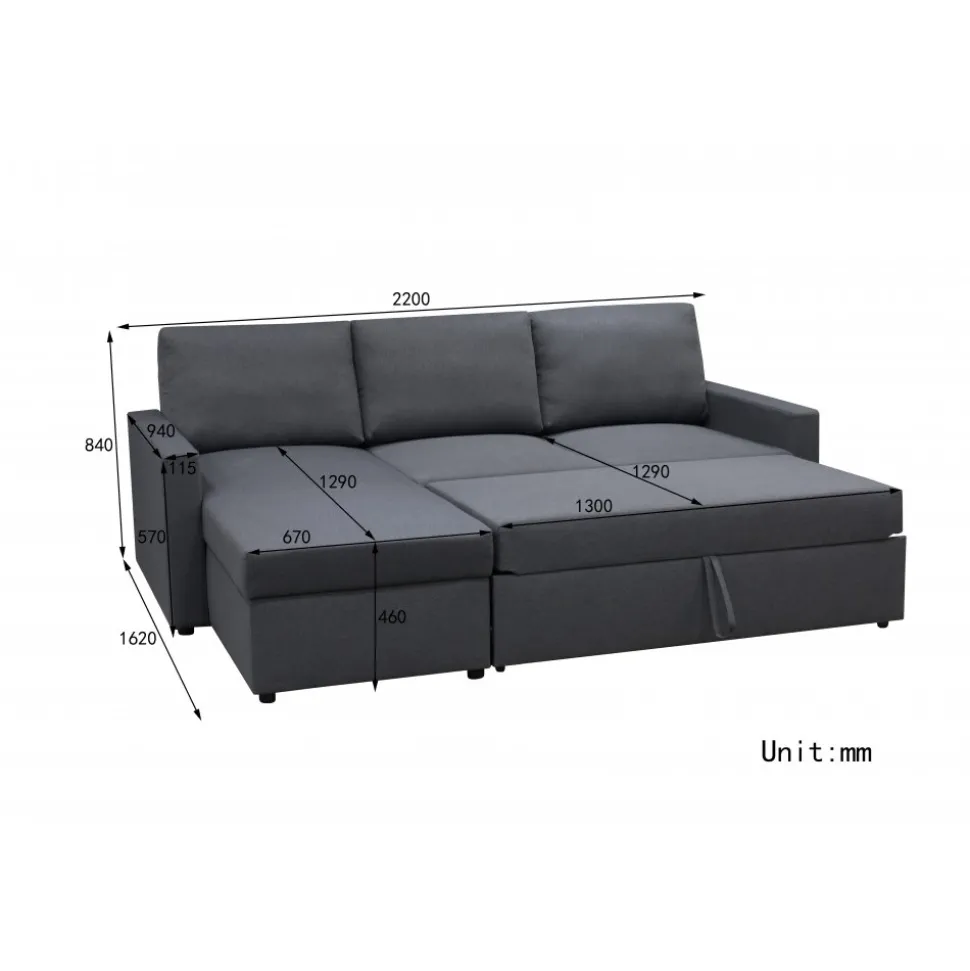 Bäddsoffa 220 cm bred mörkgrå med förvaring