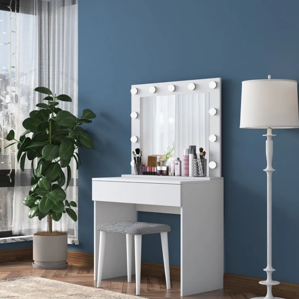 Bijou sminkbord med spegel och pall 21 - 90 x 45 cm - Vit