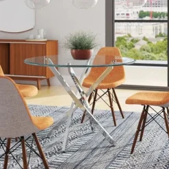 Bord i krom med glasskiva Ø90 cm + Möbeltassar