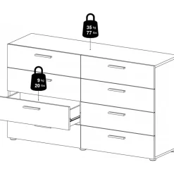 Byrå i valnöt med 8 lådor 140 cm bred + Möbeltassar