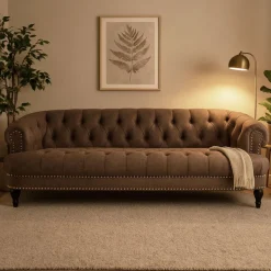 Chesterfieldsoffa 3-sits brun vintage 225 cm bred + Textilrengöring för möbler