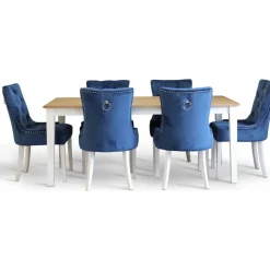 Dalsland matgrupp: Matbord i vit / ek med 6 st Tuva stolar i blå sammet + 6.00 x Stolsdyna
