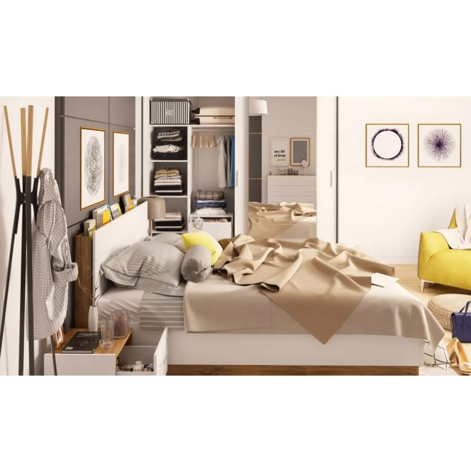 Dentro 140 x 200 cm säng med förvaring - Vit/stirling ek