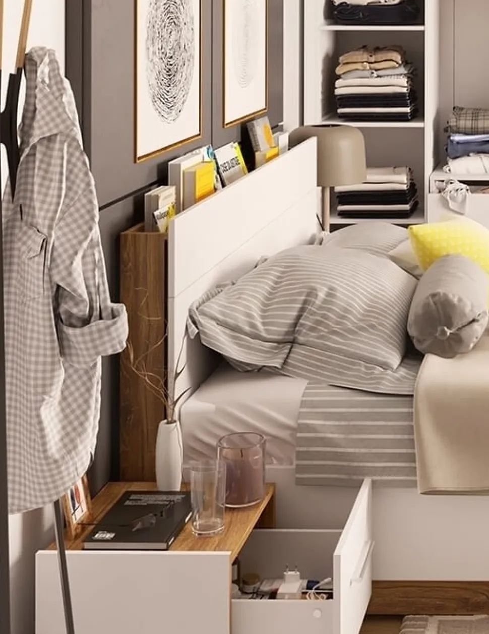 Dentro säng med förvaring 160 x 200 cm - Vit/ek + Textilrengöring för möbler