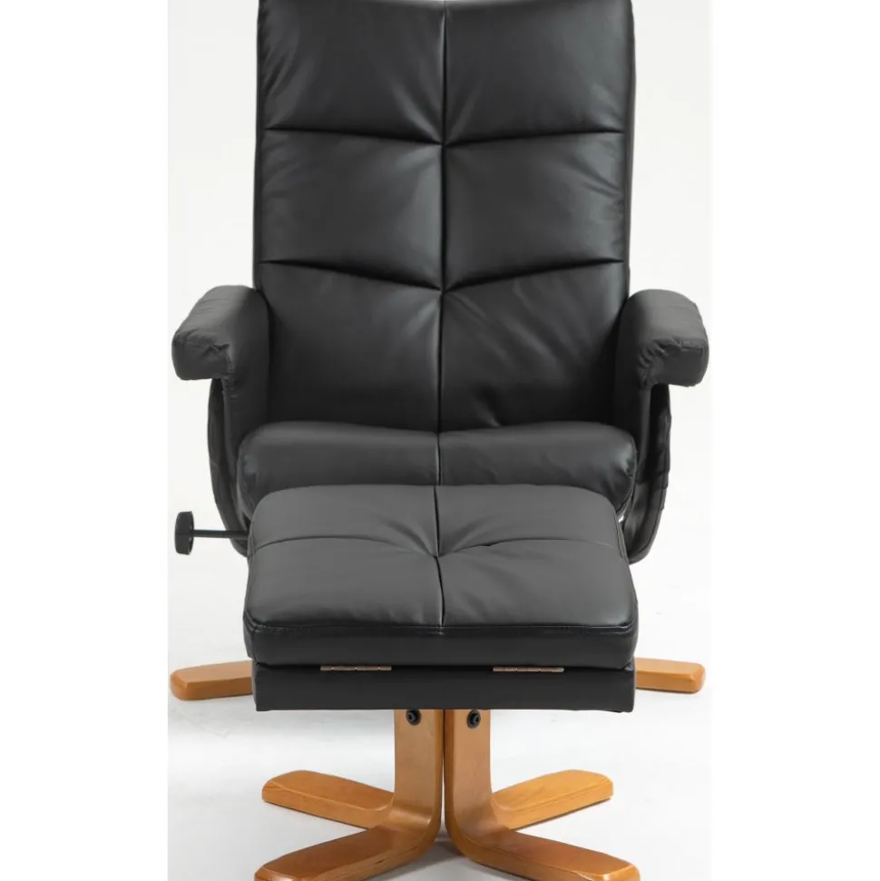 Duva reclinerfåtölj med fotpall i svart PU med bruna ben + Textilrengöring för möbler