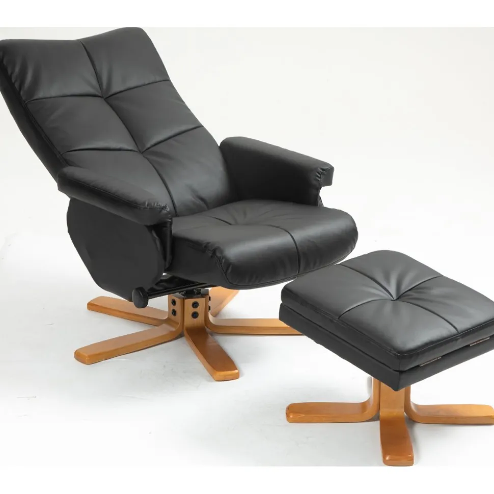 Duva reclinerfåtölj med fotpall i svart PU med bruna ben + Textilrengöring för möbler
