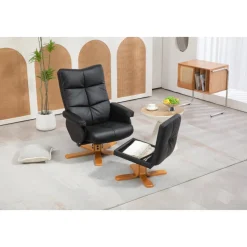 Duva reclinerfåtölj med fotpall i svart PU med bruna ben + Textilrengöring för möbler