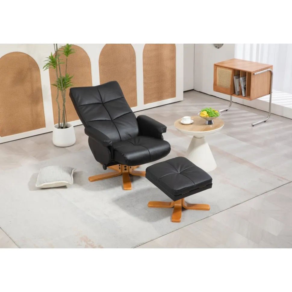 Duva reclinerfåtölj med fotpall i svart PU med bruna ben + Textilrengöring för möbler