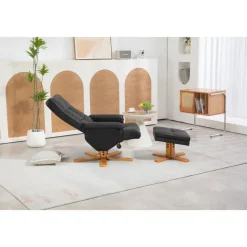 Duva reclinerfåtölj med fotpall i svart PU med bruna ben + Textilrengöring för möbler