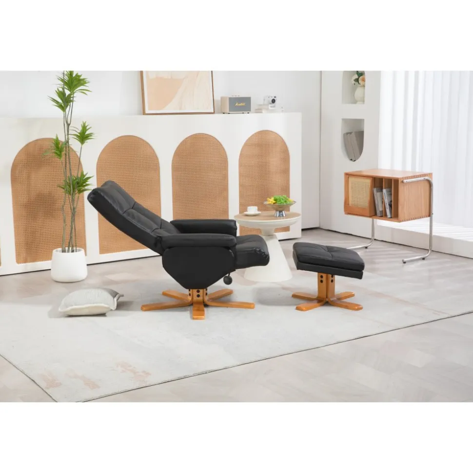Duva reclinerfåtölj med fotpall i svart PU med bruna ben + Textilrengöring för möbler