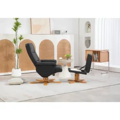Duva reclinerfåtölj med fotpall i svart PU med bruna ben + Textilrengöring för möbler
