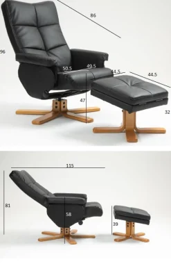 Duva reclinerfåtölj med fotpall i svart PU med bruna ben + Textilrengöring för möbler