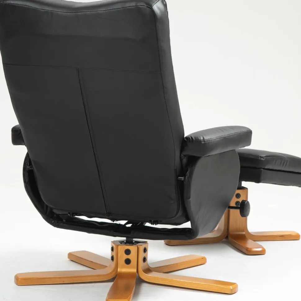 Duva reclinerfåtölj med fotpall i svart PU med bruna ben + Textilrengöring för möbler