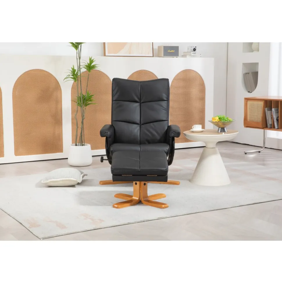 Duva reclinerfåtölj med fotpall i svart PU med bruna ben + Möbeltassar