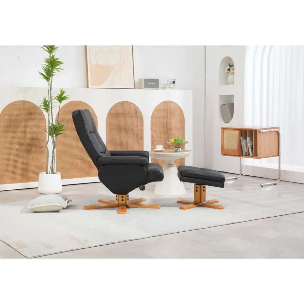 Duva reclinerfåtölj med fotpall i svart PU med bruna ben + Möbeltassar