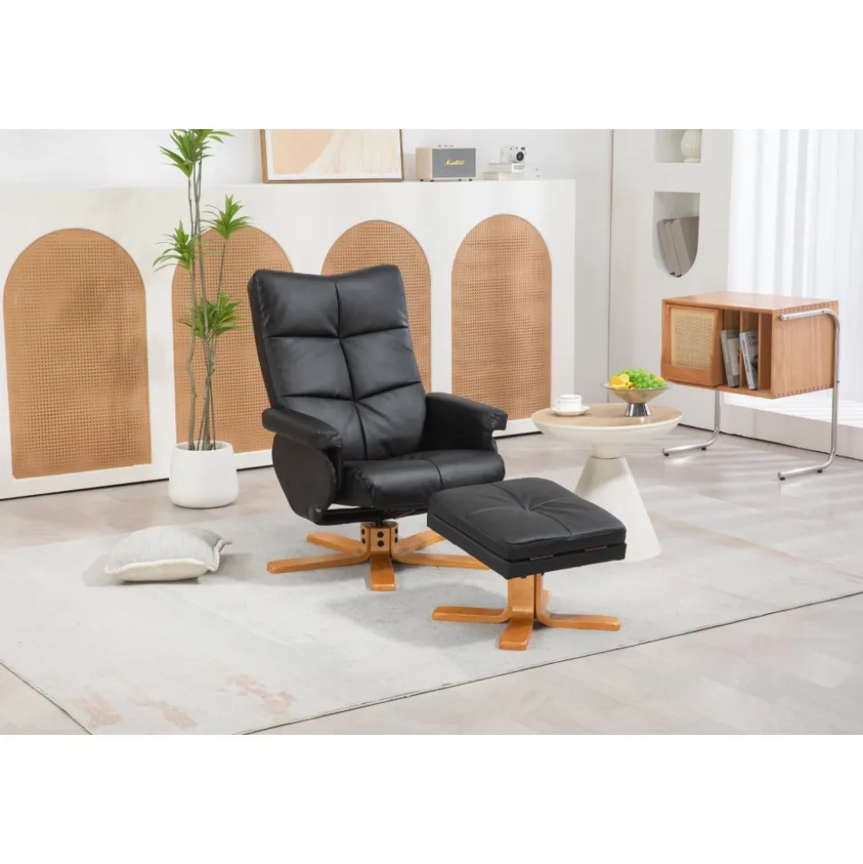 Duva reclinerfåtölj med fotpall i svart PU med bruna ben
