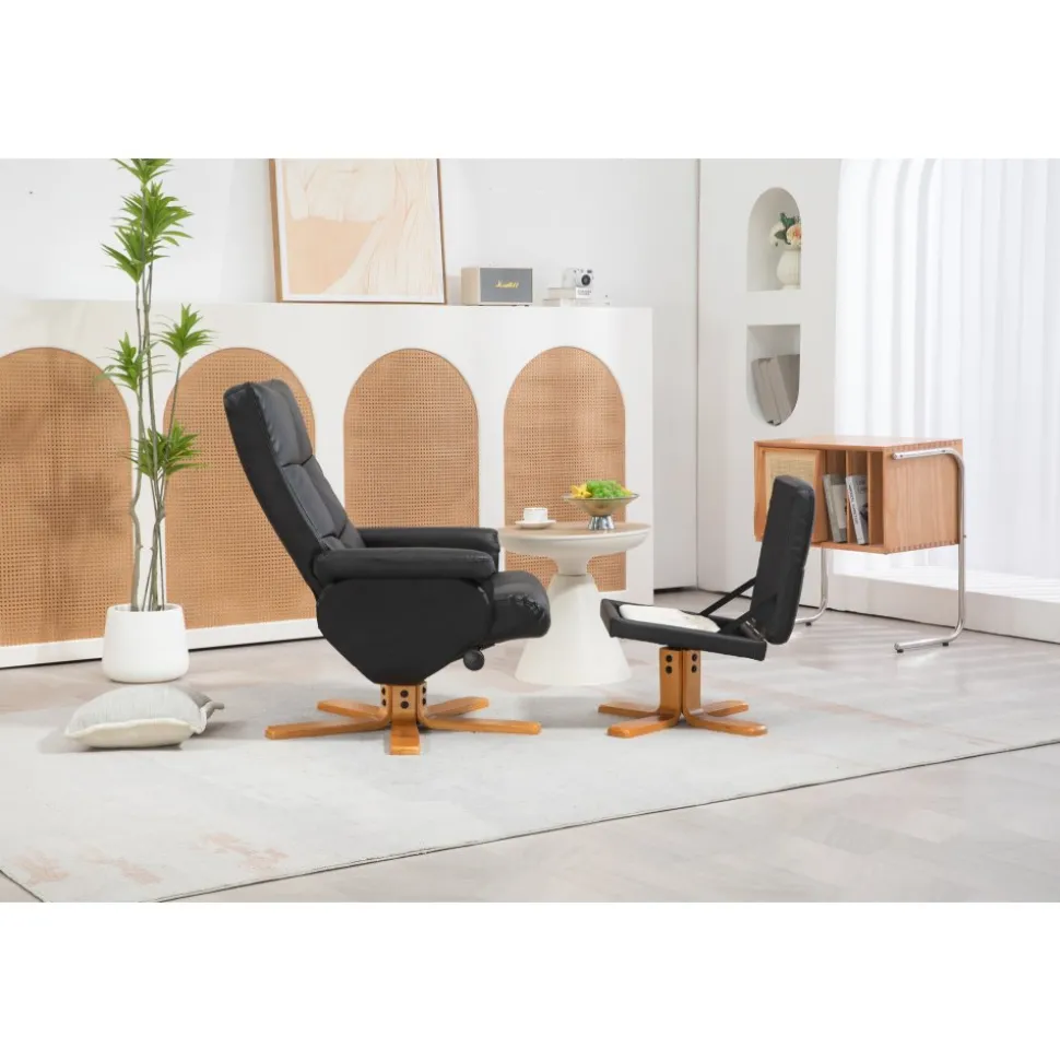 Duva reclinerfåtölj med fotpall i svart PU med bruna ben