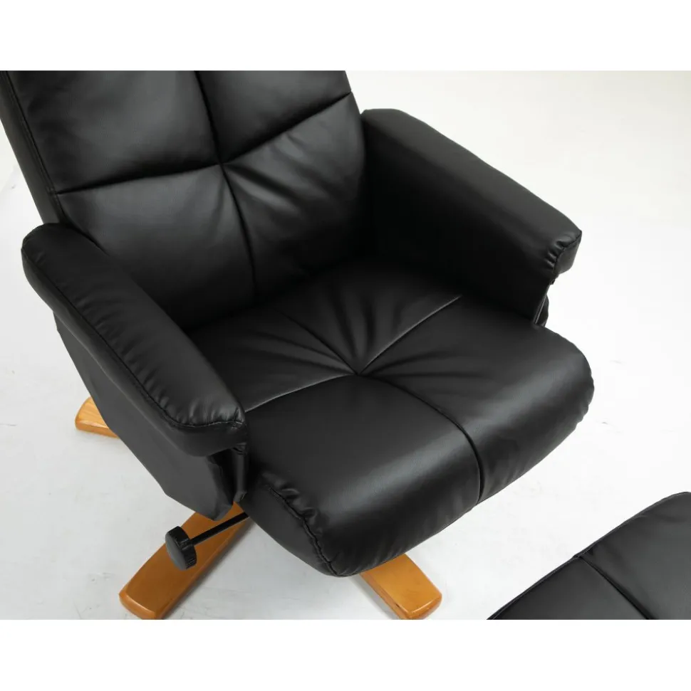 Duva reclinerfåtölj med fotpall i svart PU med bruna ben
