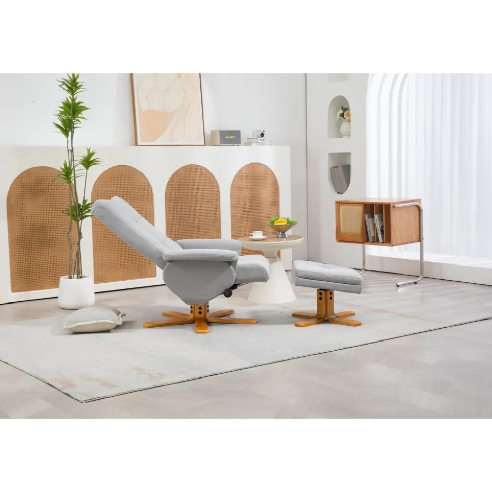 Duva ställbar fåtölj inklusive fotpall med förvaring - Grått tyg med träben + Möbeltassar