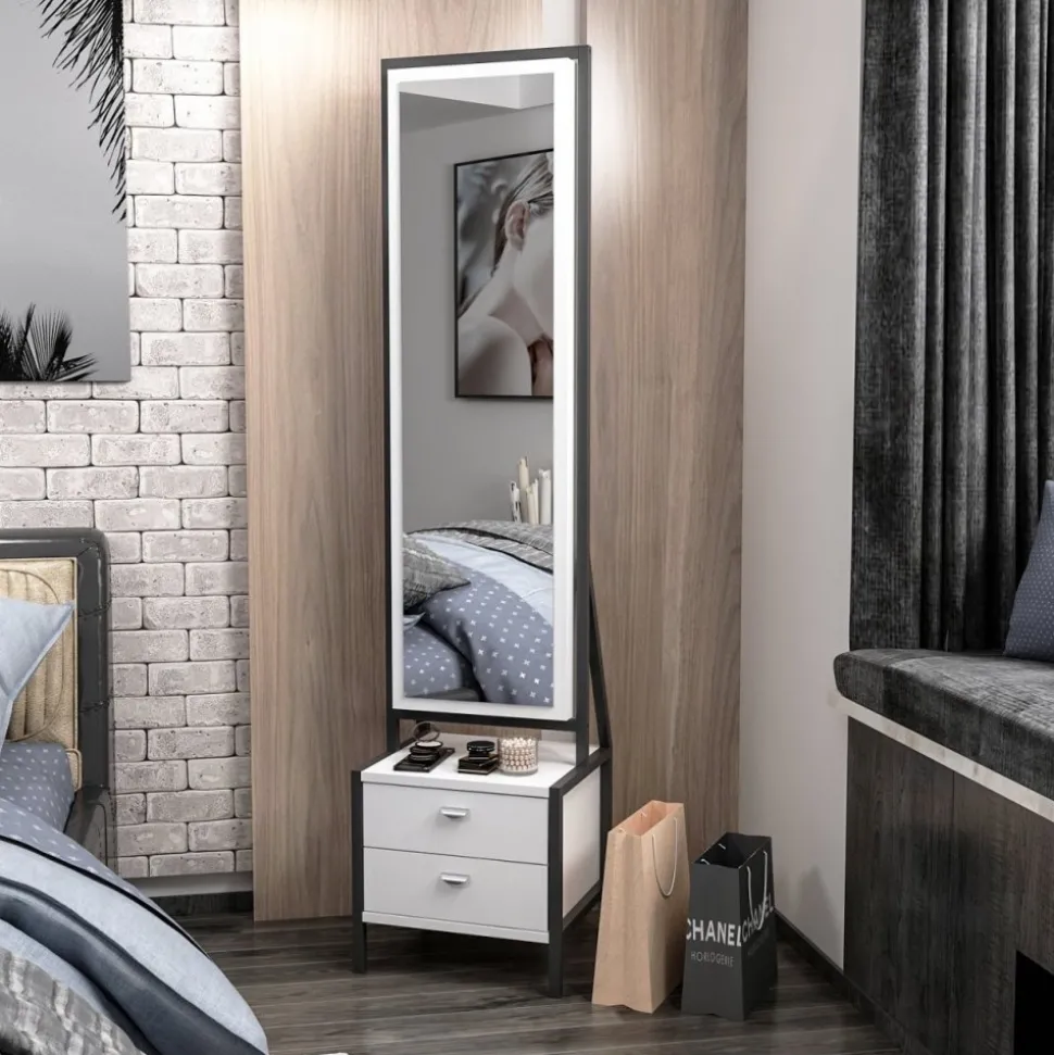 Elegante helkroppspegel med förvaring - Vit + Glas och Kristallrengöring