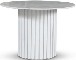 Empire matbord Ø105 cm - Ljus marmor / Vit lamell träfot