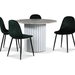 Empire matgrupp Ø105 cm inkl. 4 st Carisma mörkgröna stolar - Silver Diana marmor / Vit lamell träfot + 3.00 x Möbeltassar