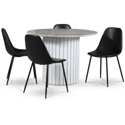 Empire matgrupp Ø105 cm inkl. 4 st Bjurträsk svarta stolar - Silver Diana marmor / Vit lamell träfot