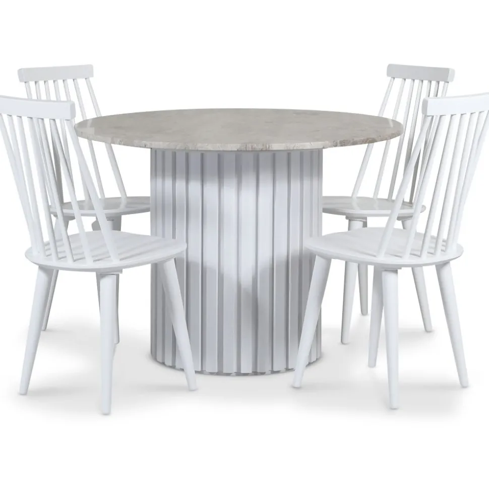 Empire matgrupp Ø105 cm inkl. 4 st Dalsland vita pinnstolar - Silver Diana marmor / Vit lamell träfot + 3.00 x Möbeltassar