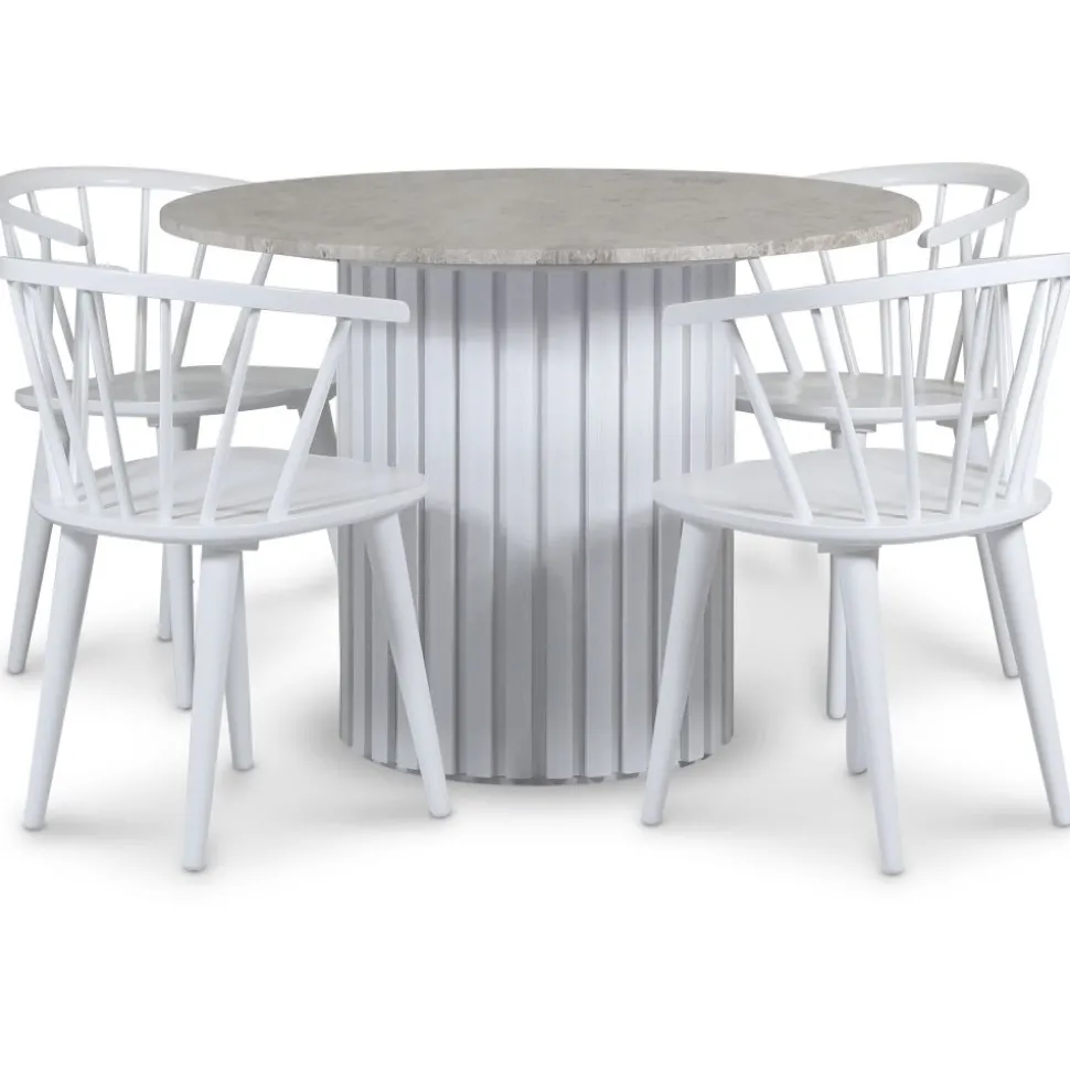 Empire matgrupp Ø105 cm inkl. 4 st Dalsland vita stolar - Silver Diana marmor / Vit lamell träfot