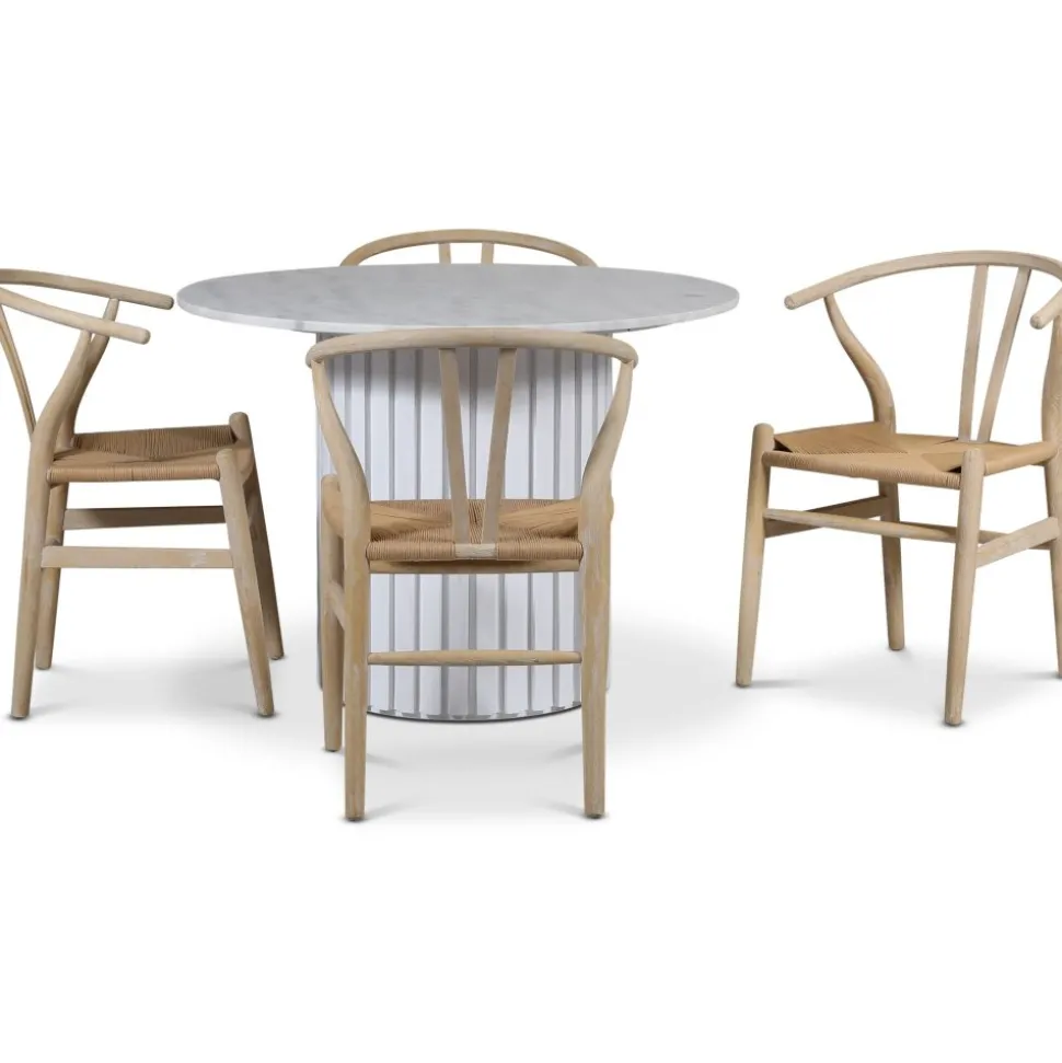 Empire matgrupp Ø105 cm inkl. 4 st Brandon matstolar whitewash - Ljus marmor / Vit lamell träfot