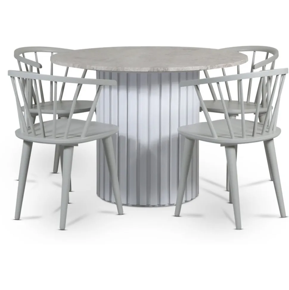 Empire matgrupp Ø105 cm inkl. 4 st Dalsland grå stolar - Silver Diana marmor / Vit lamell träfot + 4.00 x Stolsdyna