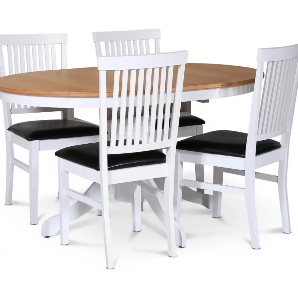 Fitchburg matgrupp; runt matbord 106 /141 cm - Vit / oljad ek med 4 st Fårö stolar med sits i svart PU