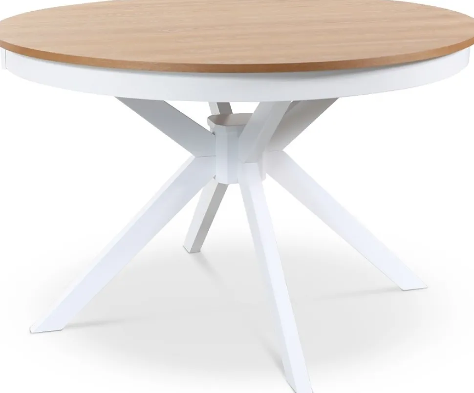 Fitchburg matgrupp; runt matbord 106 /141 cm - Vit / oljad ek med 4 st Fårö stolar med sits i svart PU + 3.00 x Möbeltassar