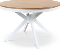 Fitchburg matgrupp; runt matbord 106 /141 cm - Vit / oljad ek med 4 st Fårö stolar med kryss i ryggen, sits i svart PU