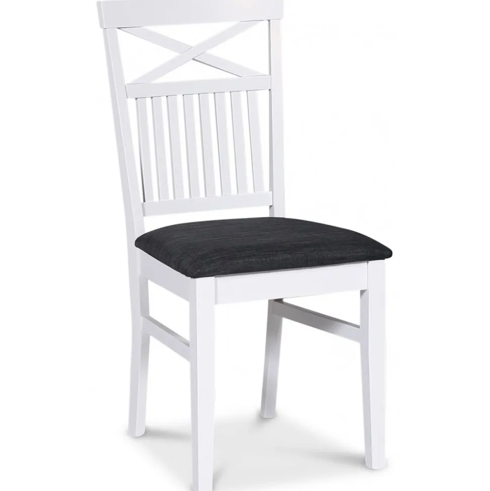 Fitchburg matgrupp; runt matbord 106 /141 cm - Vit / oljad ek med 4 st Skagen stolar med kryss i ryggen, sits i grått tyg + 3.00 x Möbeltassar