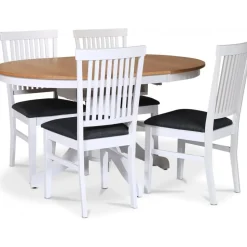 Fitchburg matgrupp; runt matbord 106 /141 cm - Vit / oljad ek med 4 st Fårö stolar med sits i grått tyg + 3.00 x Möbeltassar