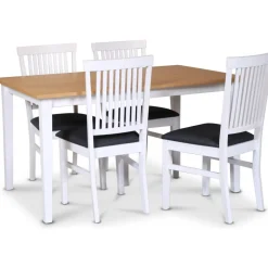 Fårö matgrupp; matbord 140x90 cm - Vit / oljad ek med 4 st Fårö matstolar med ribbor i ryggen, sits i grått tyg + 4.00 x Stolsdyna