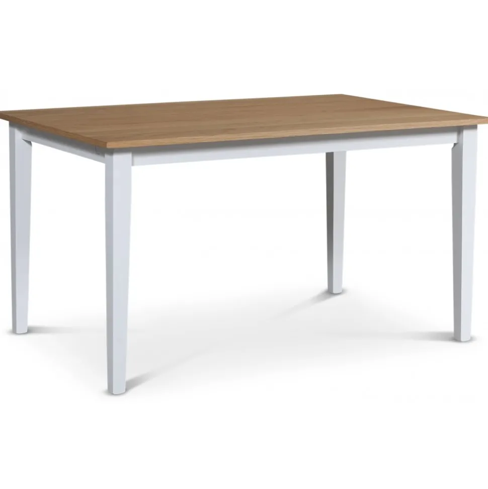 Fårö matgrupp; matbord 140x90 cm - Vit / oljad ek med 4 st Fårö matstolar med ribbor i ryggen, sits i grått tyg + 4.00 x Stolsdyna