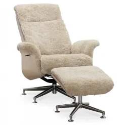 Fårskinnsfåtölj med fotpall beige / whitewash - Ulla + Textilrengöring för möbler