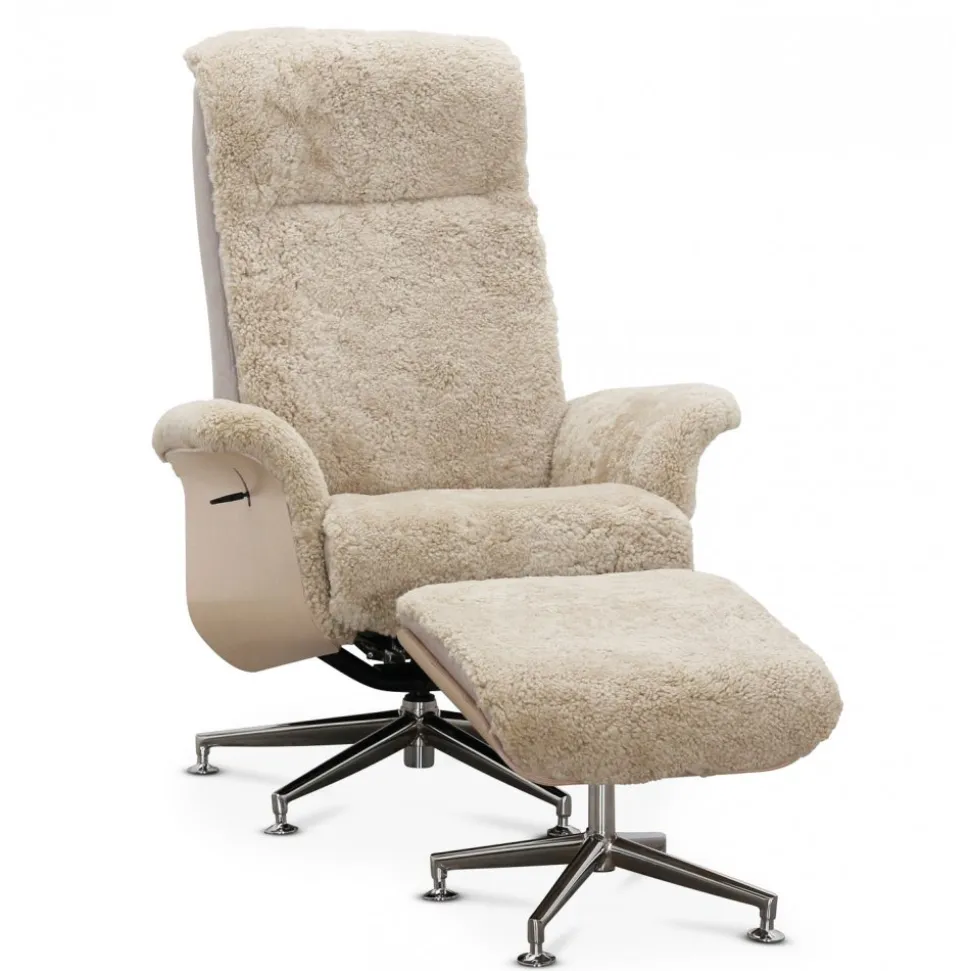 Fårskinnsfåtölj med fotpall beige / whitewash - Ulla + Fläckborttagare för möbler
