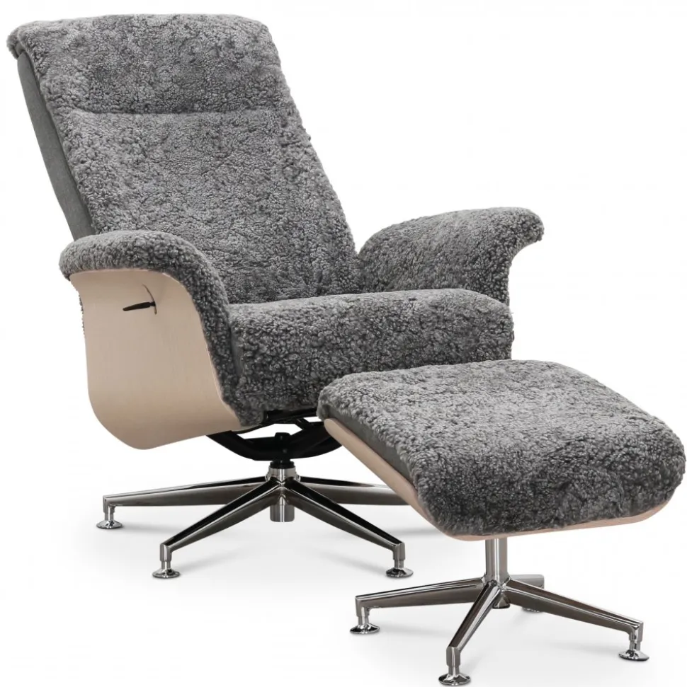 Fårskinnsfåtölj med fotpall grå/whitewash - Ulla + Textilrengöring för möbler