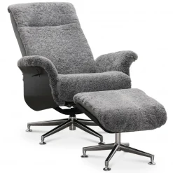 Fåtölj i fårskinn med fotpall - Grå/svart - Ulla