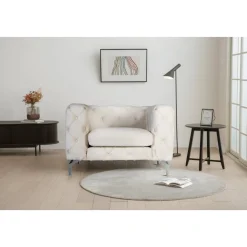 Fåtölj med knappar beige sammet + Textilrengöring för möbler