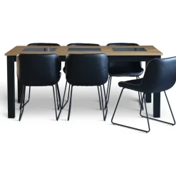 Granit matgrupp; Bord 180x90 cm Ek/Svart med 6 st Texas matstolar Svart PU