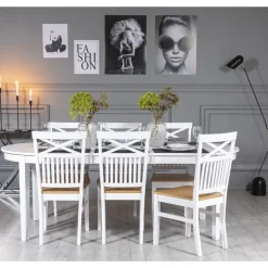 Gåsö matgrupp: Bord 160/210 cm inklusive 6 Fårö stolar med kryss - Vit/Ek