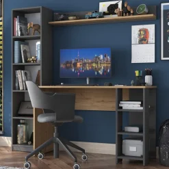 Hanna skrivbord med hyllsystem 16, 160 x 45 cm - Valnöt/antracit