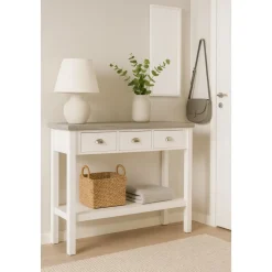 Hugo avlastningsbord med 3 lådor 110x36 cm - Vit / Cement + Fläckborttagare för möbler