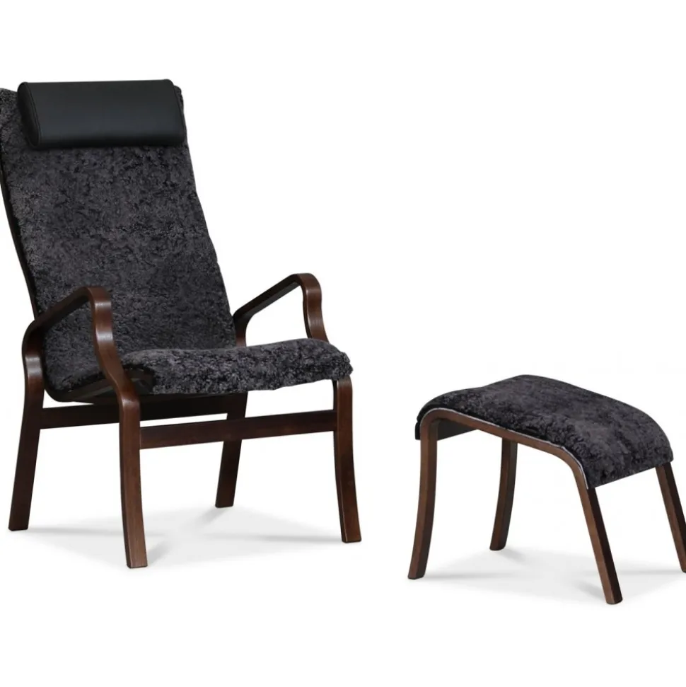 Lammet / Fashion fotpall i fårskinn scandinavian dark grey - Mörk valnöt