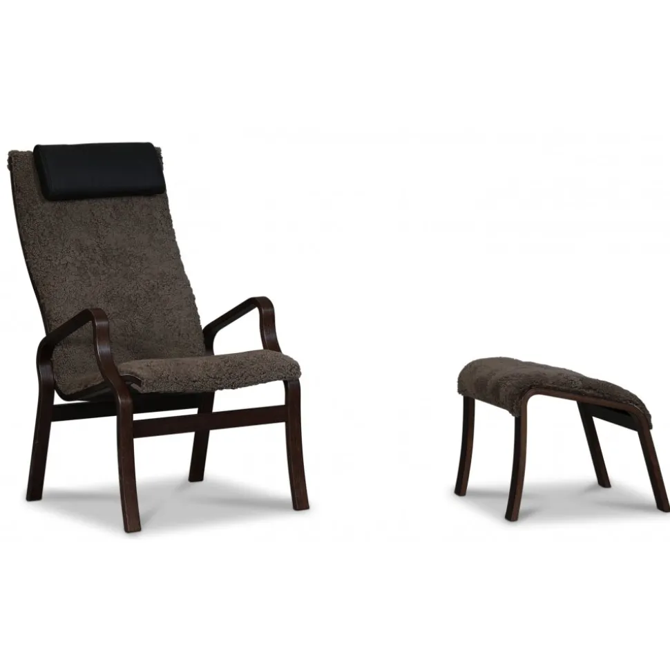 Lammet / Fushion fotpall i fårskinn scandinavian expresso - Mörk valnöt