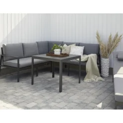 Loungegrupp i aluminium med grå dynor - Melo + Textilrengöring för möbler